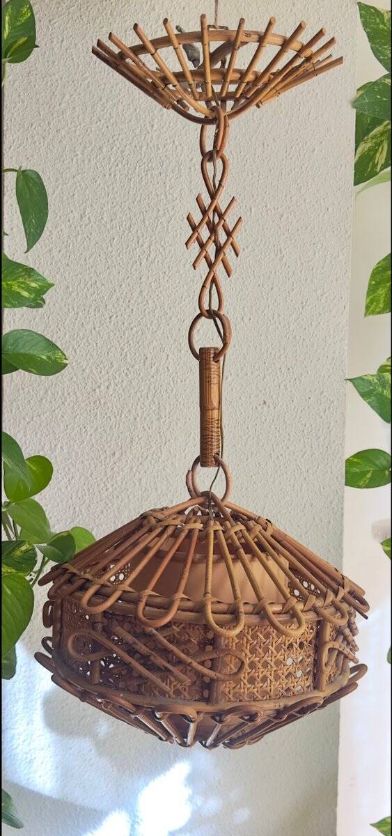 Suspended lamp in bamboo and rattan with chinoiserie details by Louis Sognot, 1950.