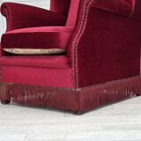 1970s, Danish highback armchair, red furniture velour, ash wood.