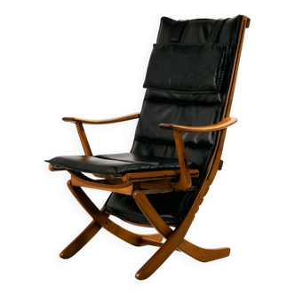 Fauteuil en hêtre avec revêtement en cuir