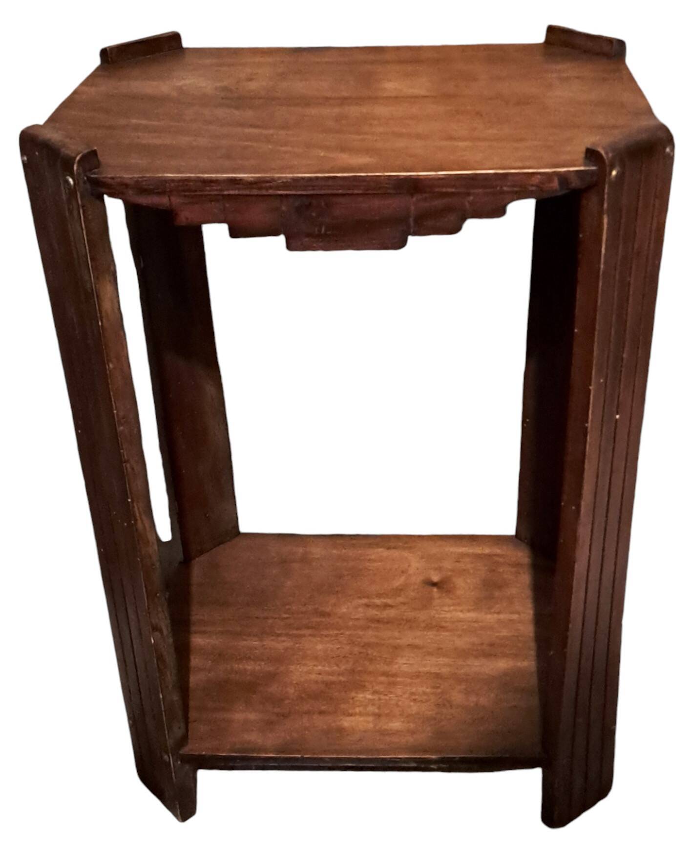 Art Deco side table in rectangular varnished brown wood with 2 shelves 1940