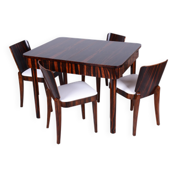 Table extensible et 4 chaises Art déco en ébène de Macassar et cuir par Oldřich Liška, Tchéquie, années 1920