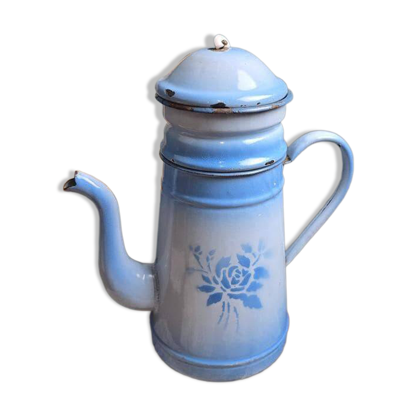 Antique blue enamel coffee pot – complete – floral decoration – 1930s