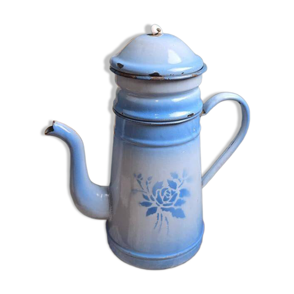Cafetière ancienne émaillée bleue – complète – décor floral – Années 1930