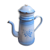 Antique blue enamel coffee pot – complete – floral decoration – 1930s