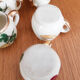 5 antique cups with liquor, porcelain fruits