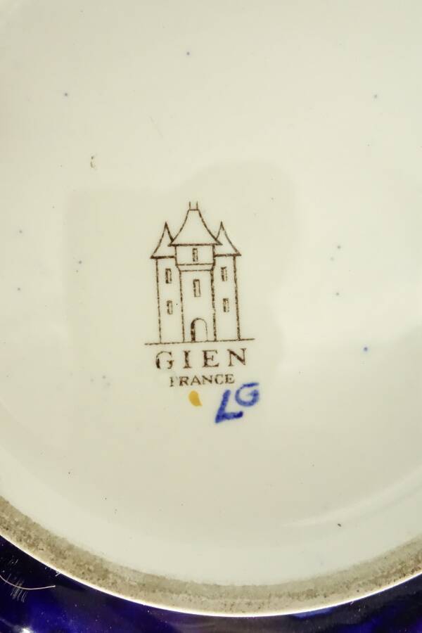 Gien faience candy box, Renaissance decor, blue background