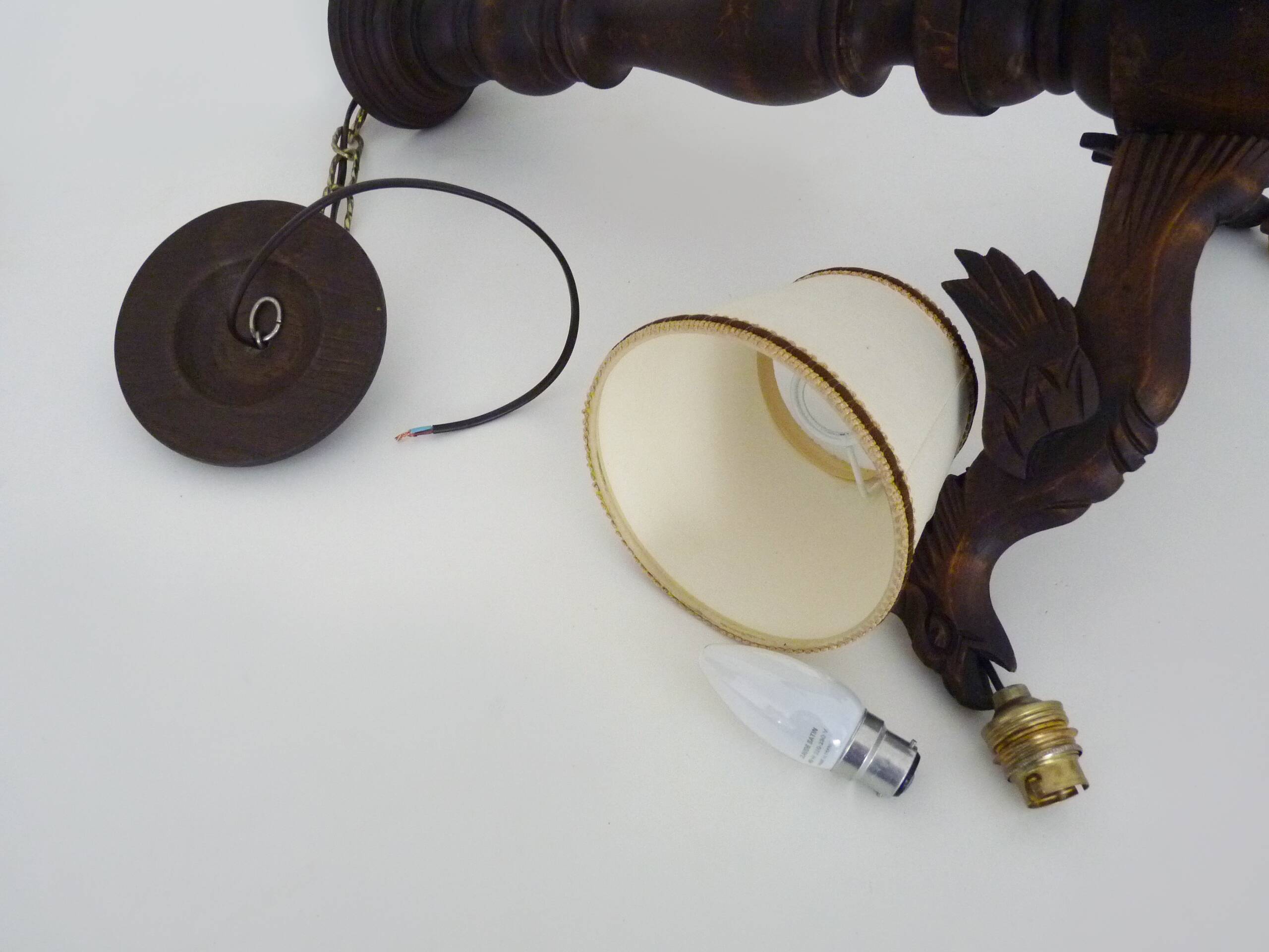 Antique hand-carved wooden dragon chandelier with 4 lights from the 1950s