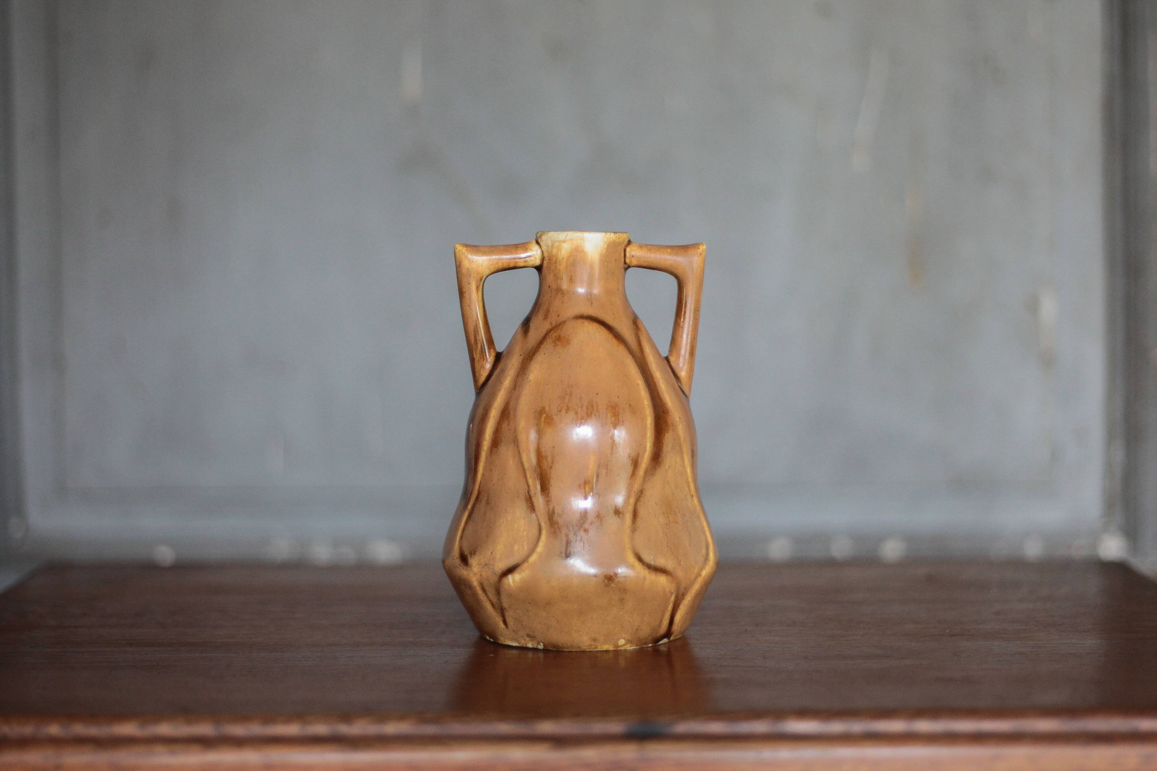 Vintage glazed ceramic vase, small vase with handles, interior decoration