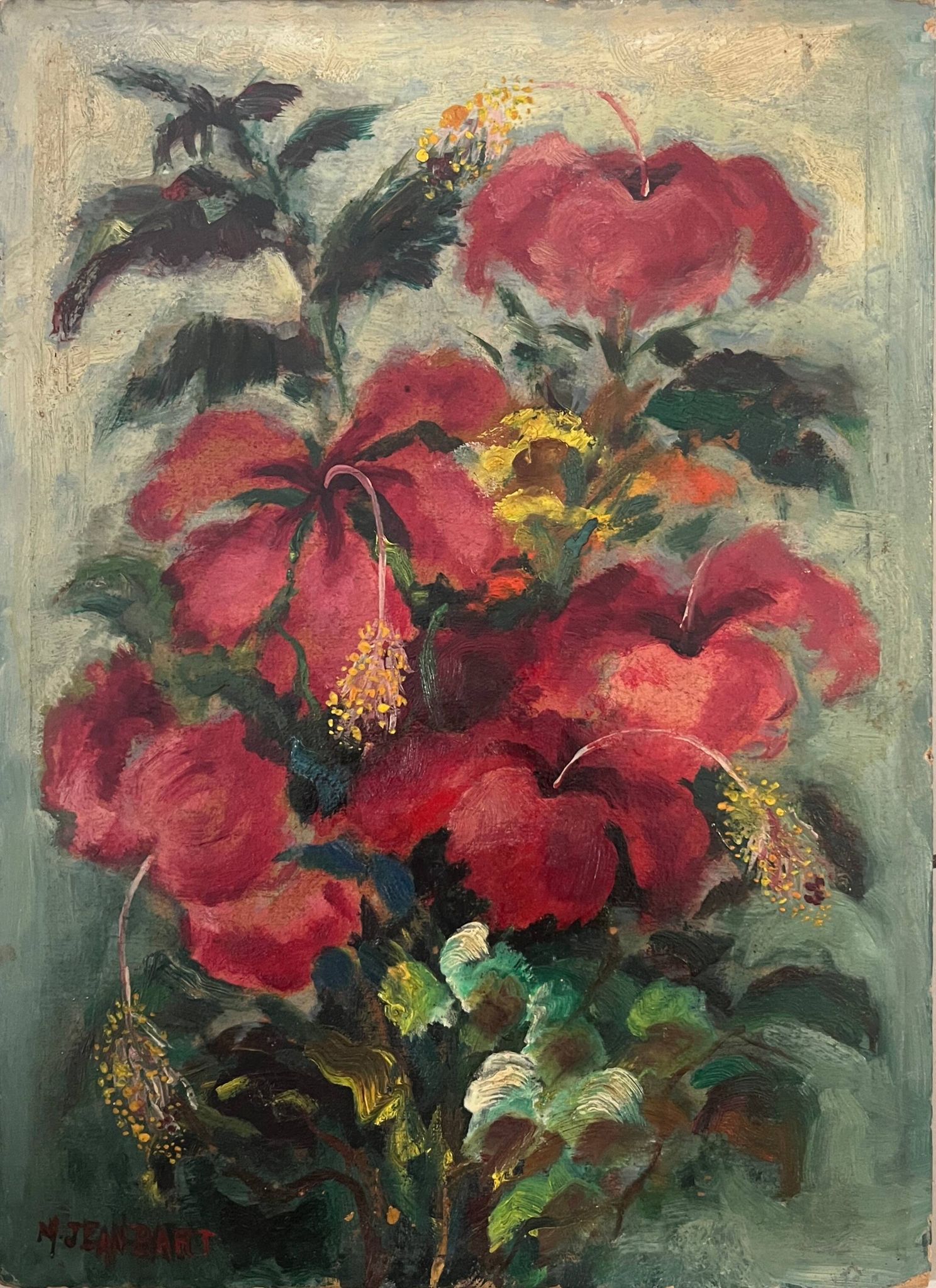 Tableau HSP "Hibiscus Bouquet" Flowers signed Jean Bart 1948