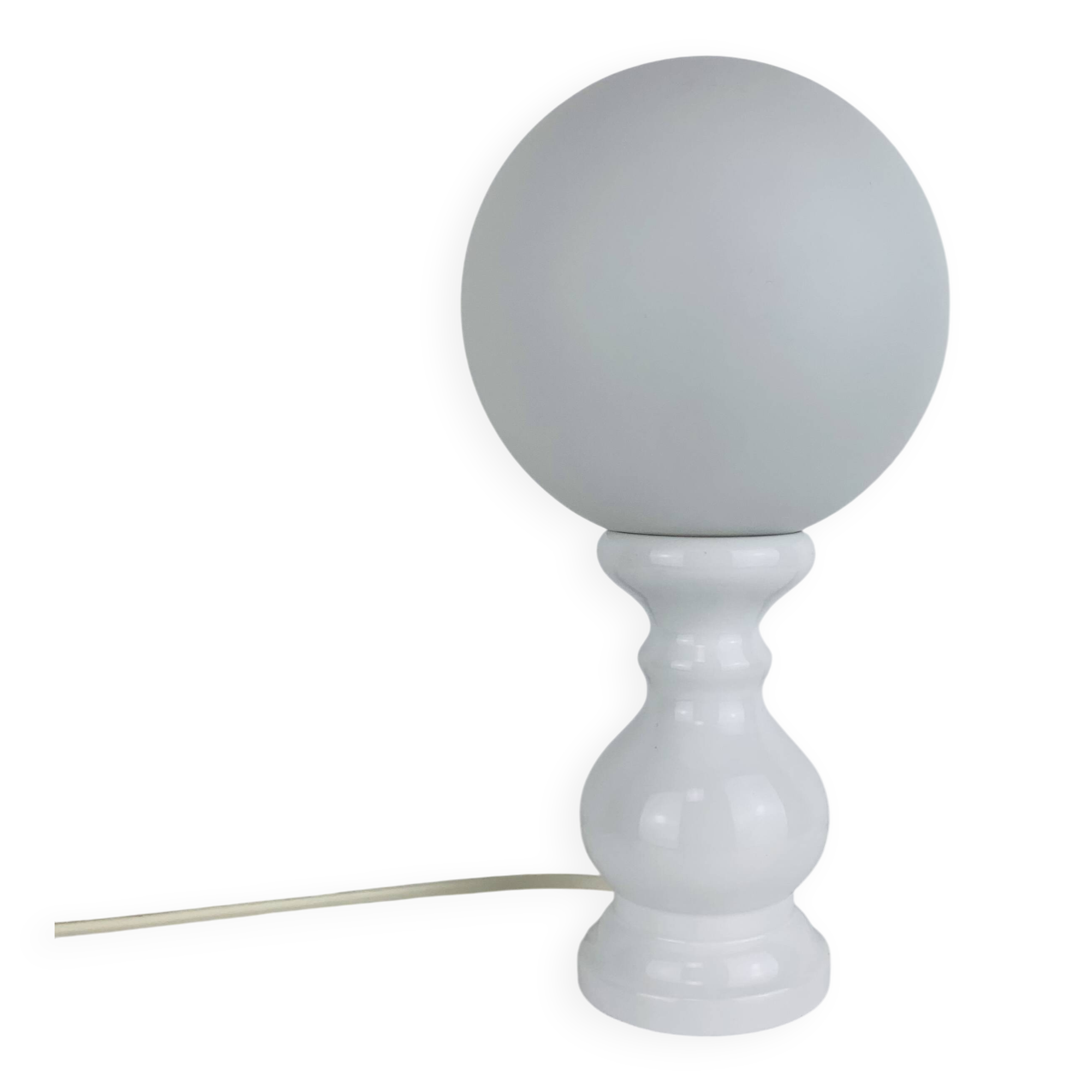 Turned wood lamp with opaline glass globe, 1970s