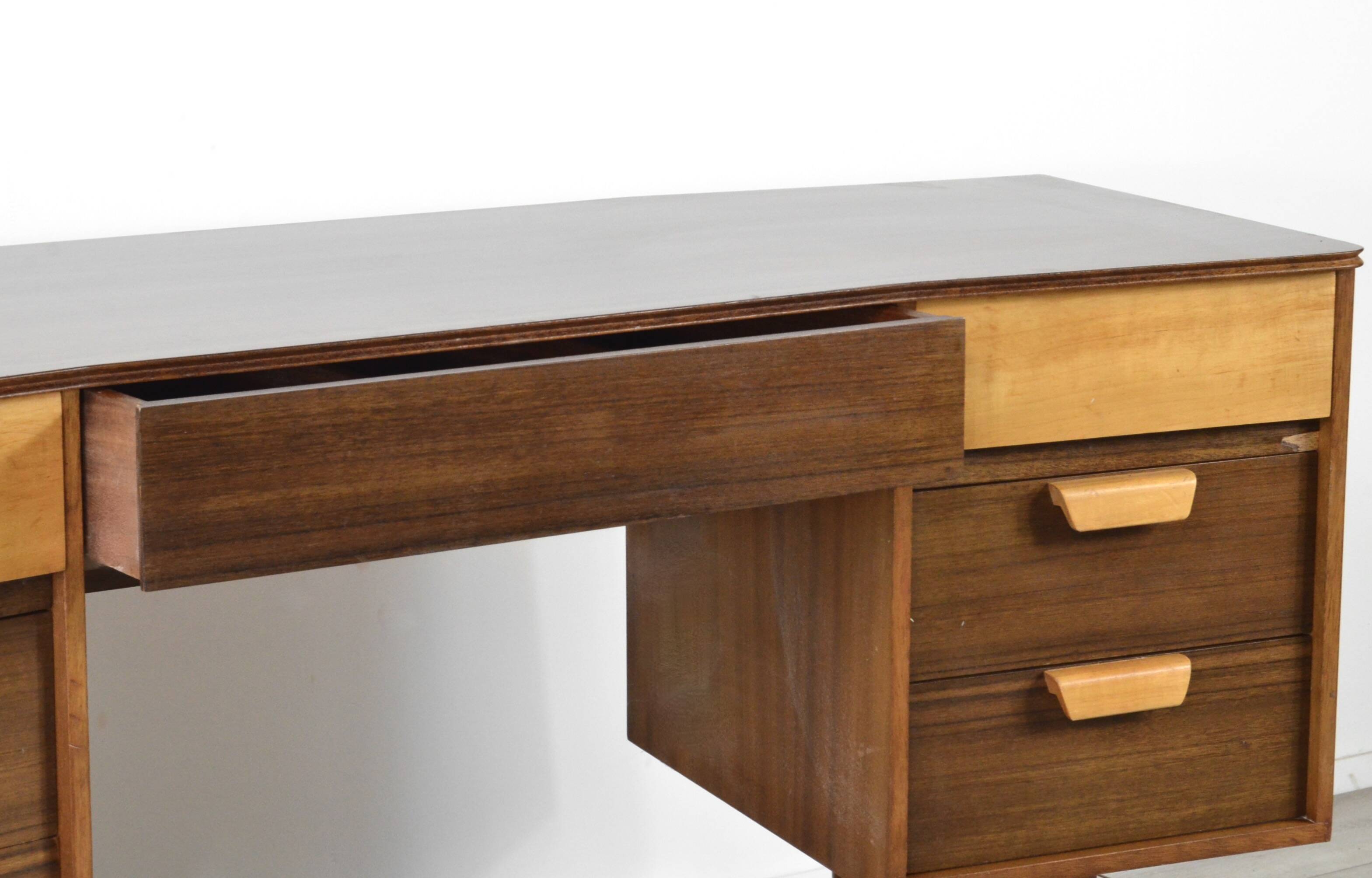 Midcentury Uniflex Walnut And Beech Concave Desk Designed By Gunther