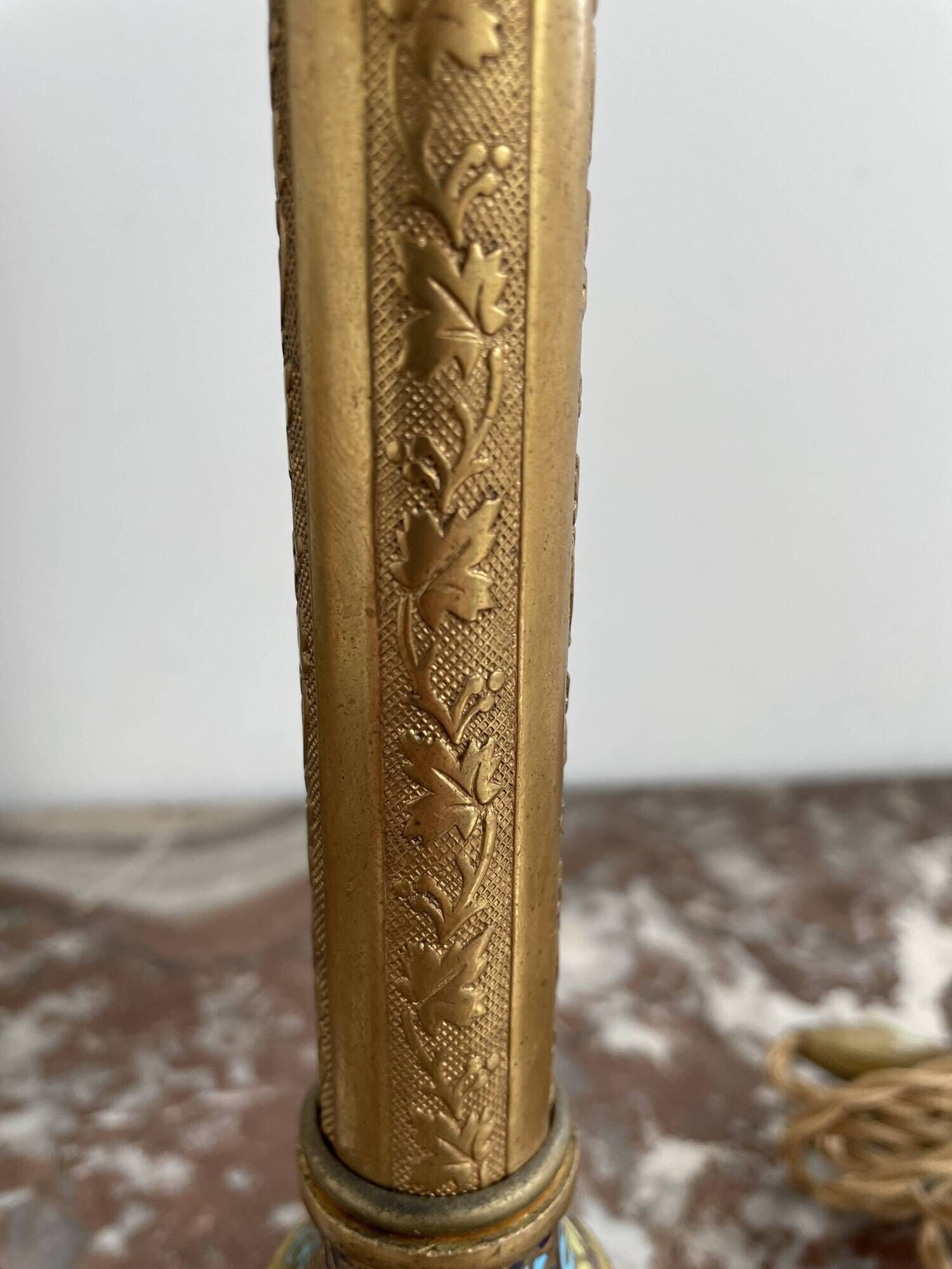 Antique, lamp, bronze, candle holder, gold, cloisonné enamel, ecru white lampshade, flower decor, leaf