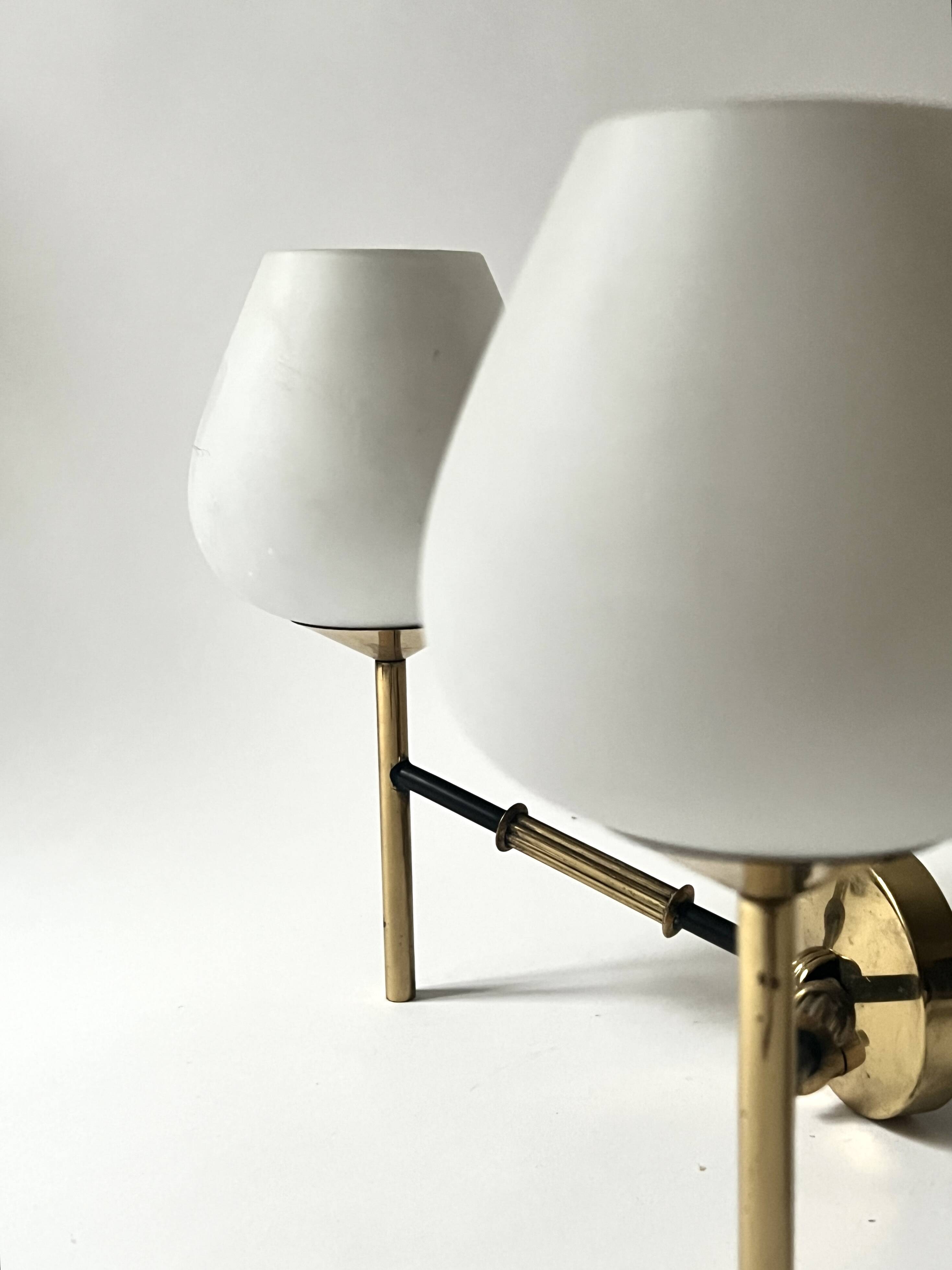 2 double wall lights in brass and white opaline glass, Arlus design 1950