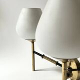 2 double wall lights in brass and white opaline glass, Arlus design 1950