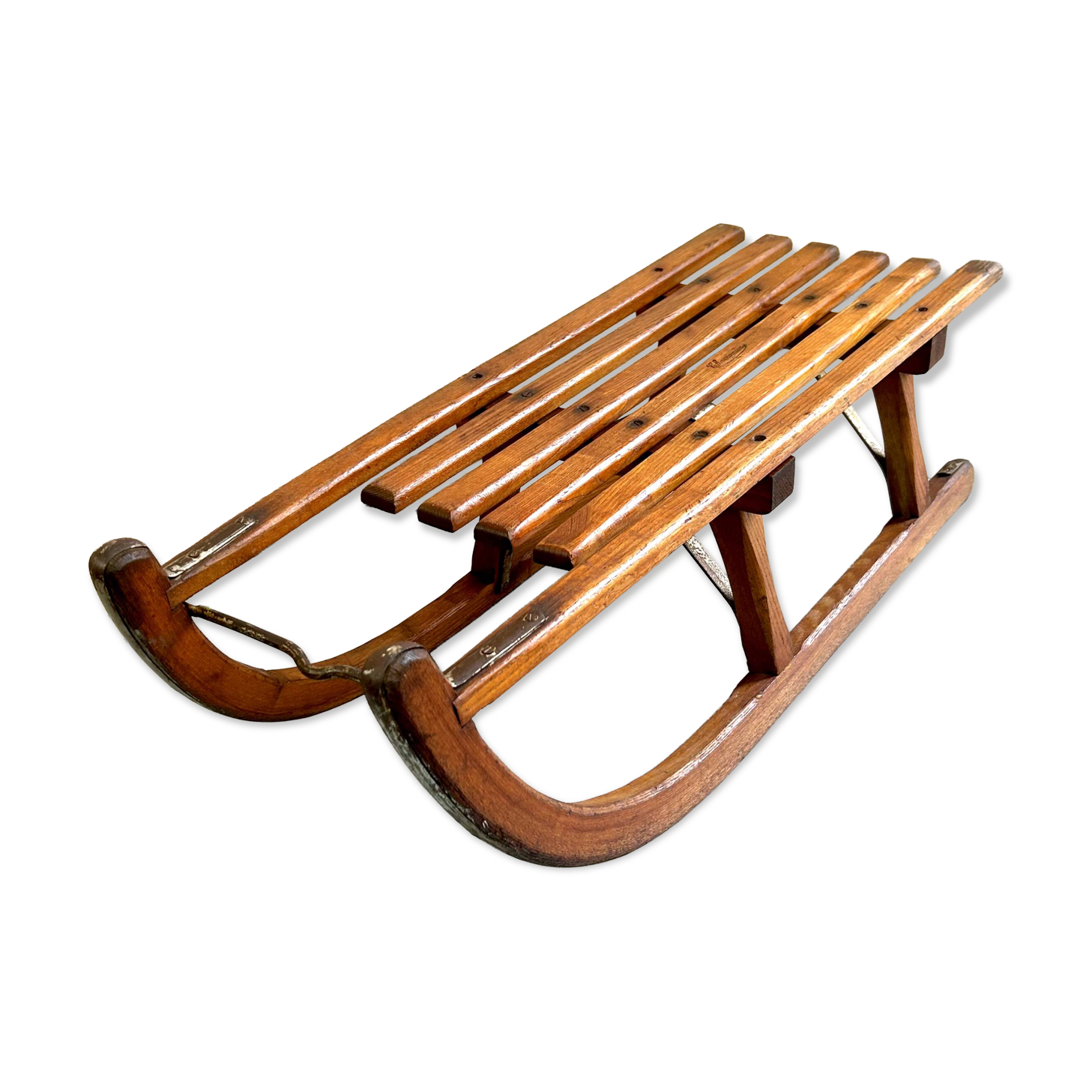 Luge ancienne en chêne et acier modèle Chamonix