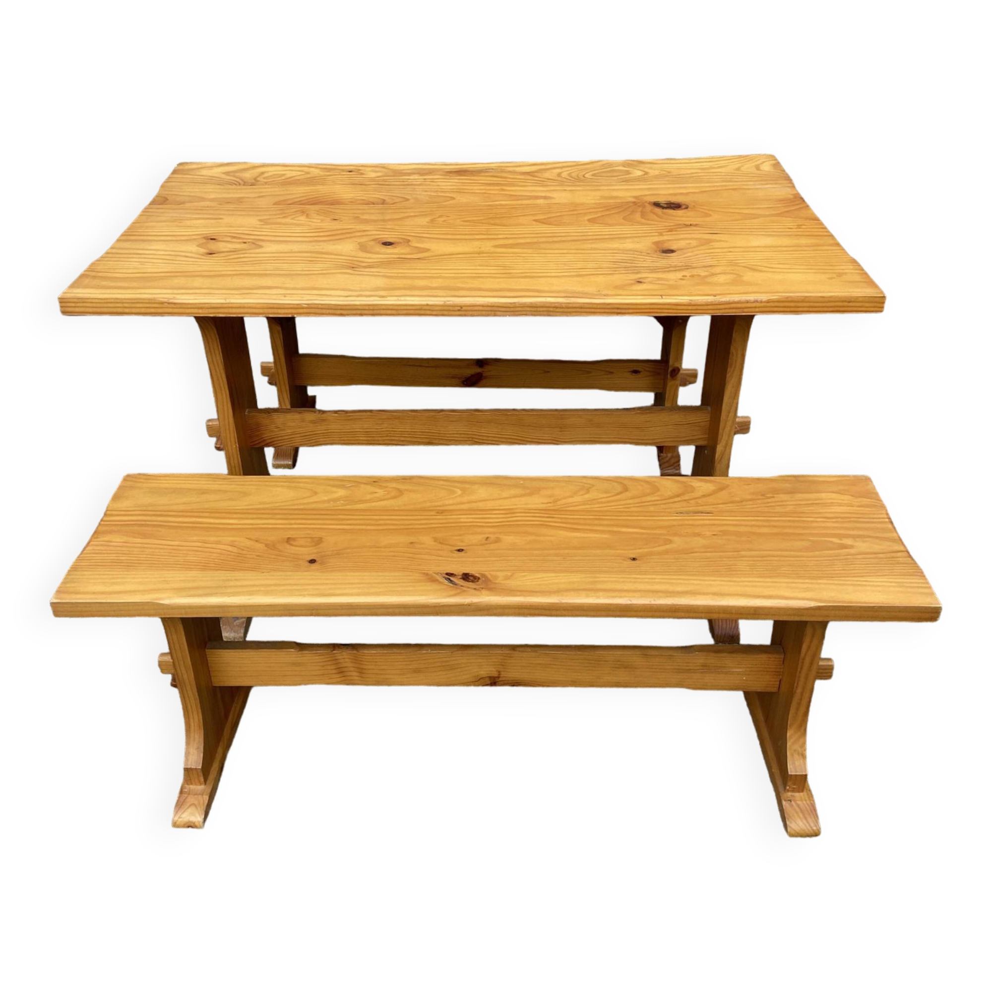 Vintage Scandinavian pine dining set, 1980s table and benches