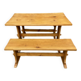 Vintage Scandinavian pine dining set, 1980s table and benches