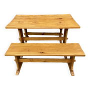 Vintage Scandinavian pine dining set, 1980s table and benches