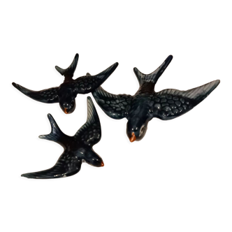 3 blue swallows, earthenware wall decoration