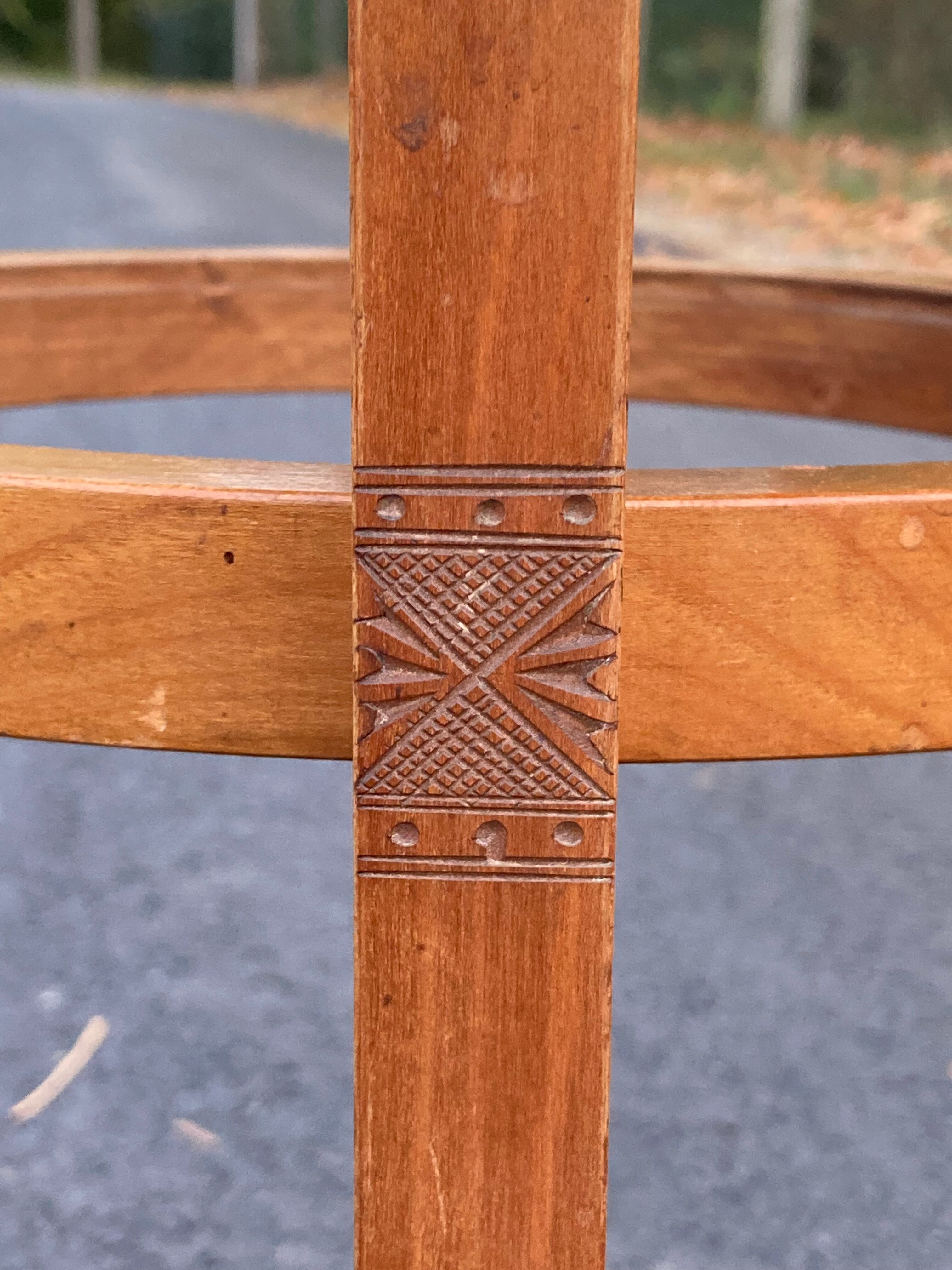 Art Deco Wooden Pedestal Table Carved with Star / Antique Side Table 1930