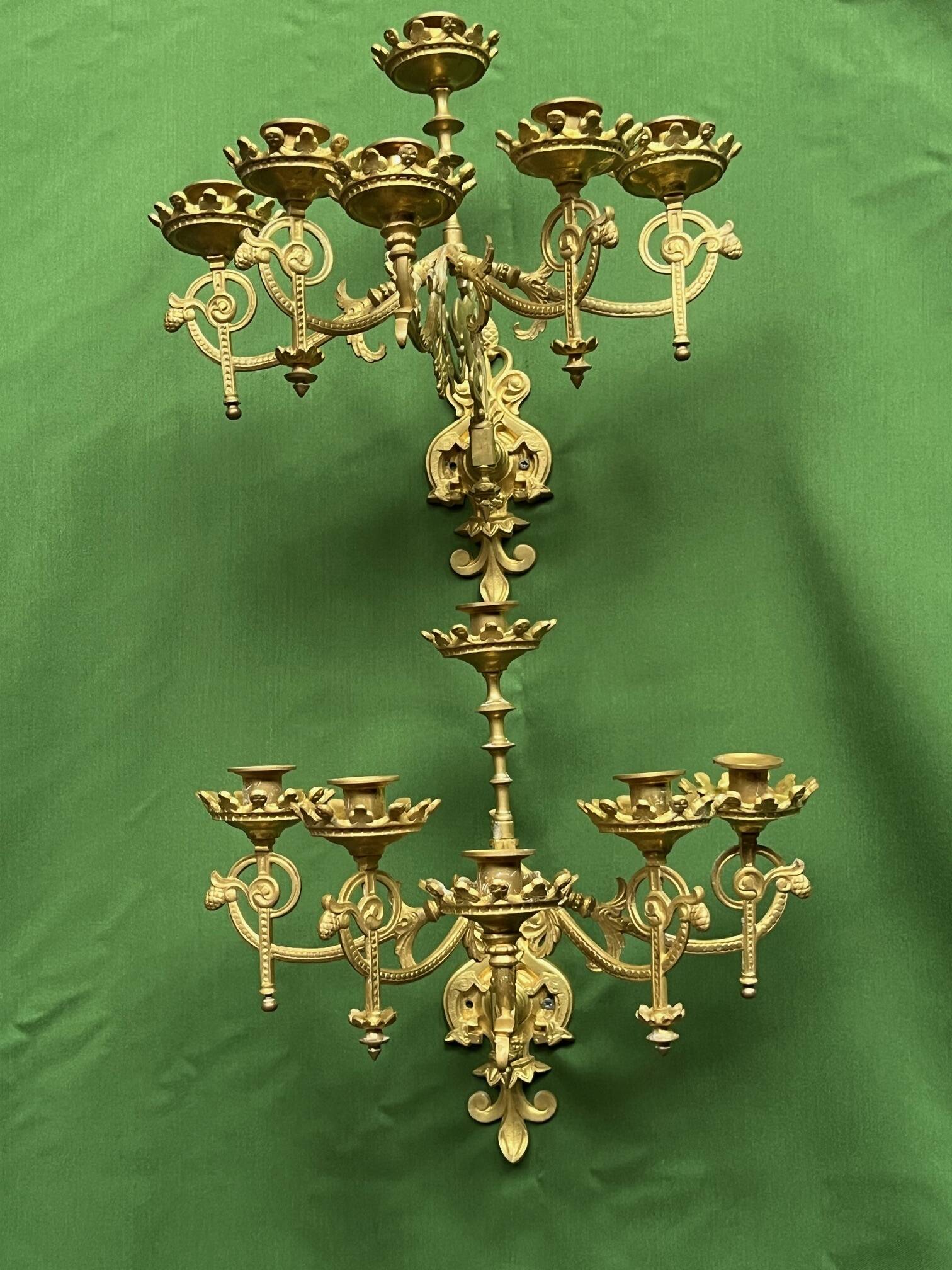 Pair of neo-Gothic wall sconces. Solid gilt bronze.