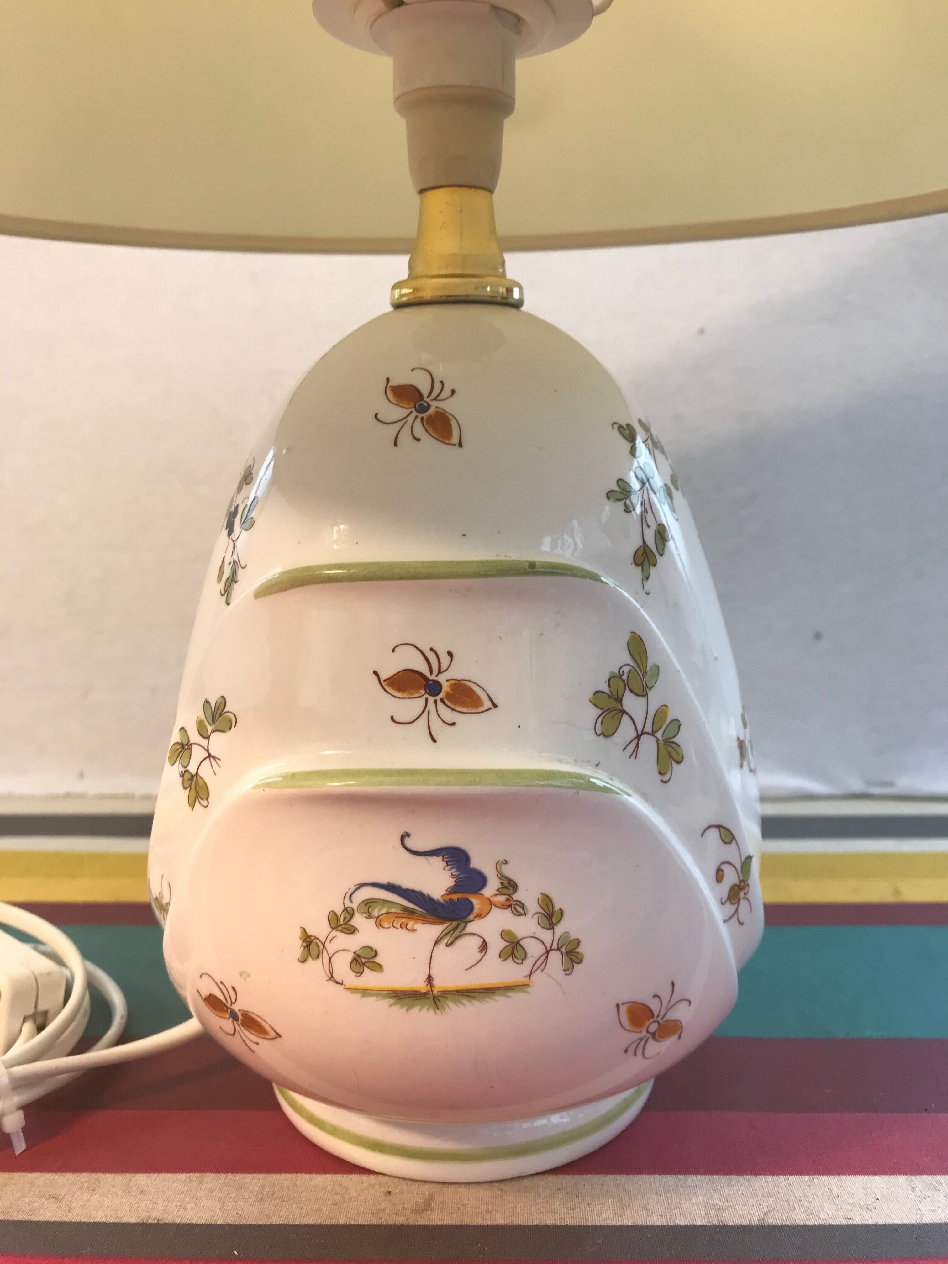 Old Moustiers ceramic lamp with white lamp shade