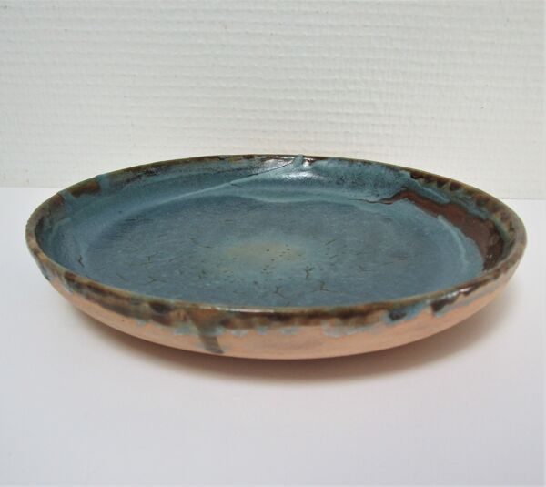 Bol et plat rond céramique émaillée bleu vert brun vintage signé vintage