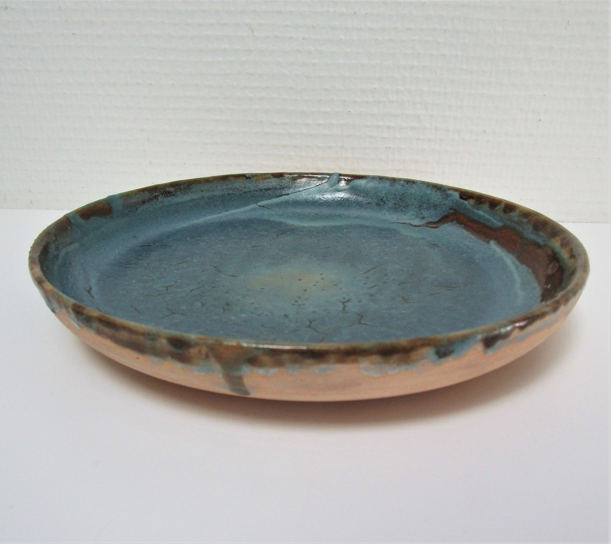 Bowl and round ceramic dish enamelled blue green brown vintage signed vintage