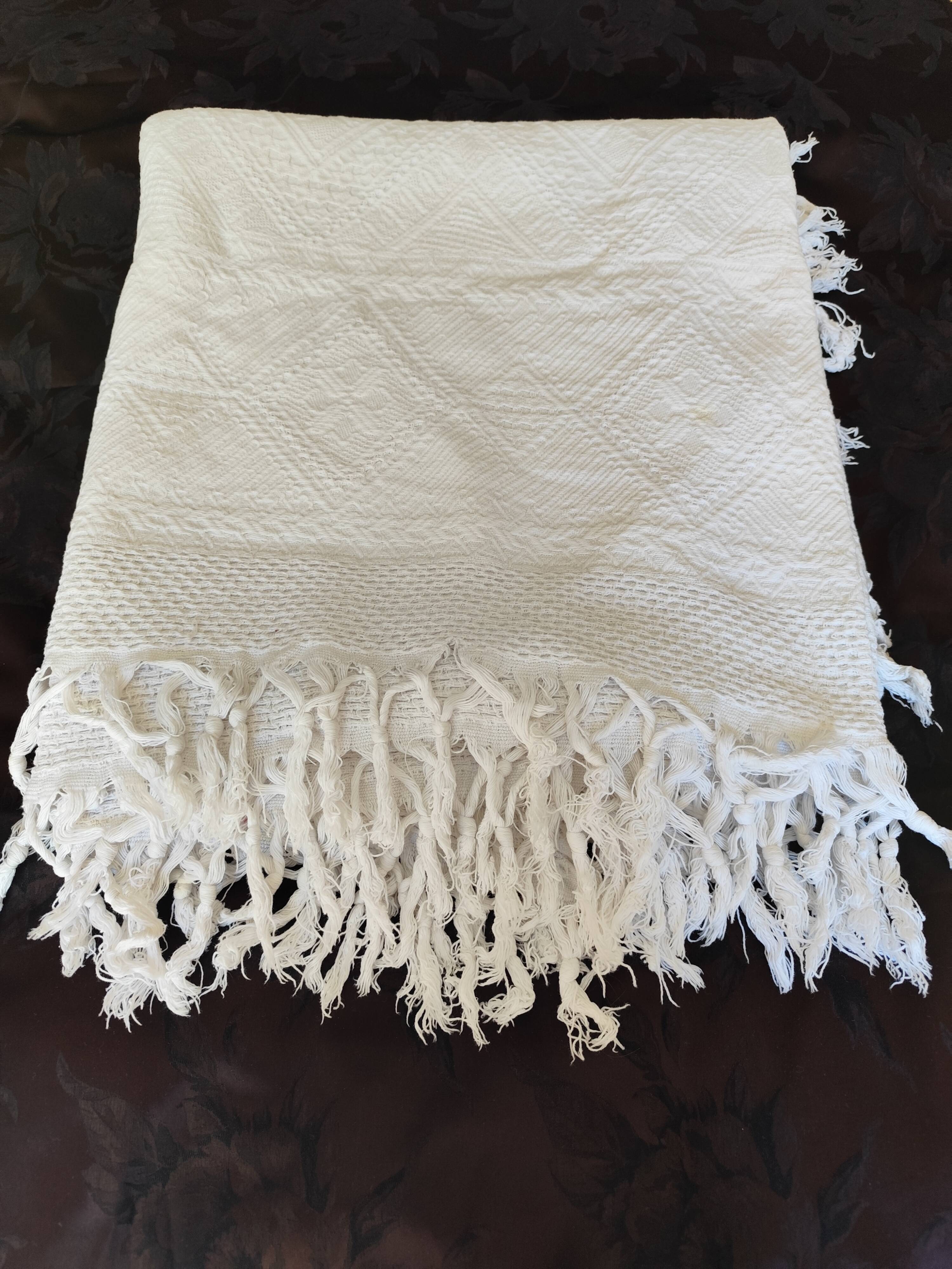 White cotton bedspread, vintage woven cotton bed throw.