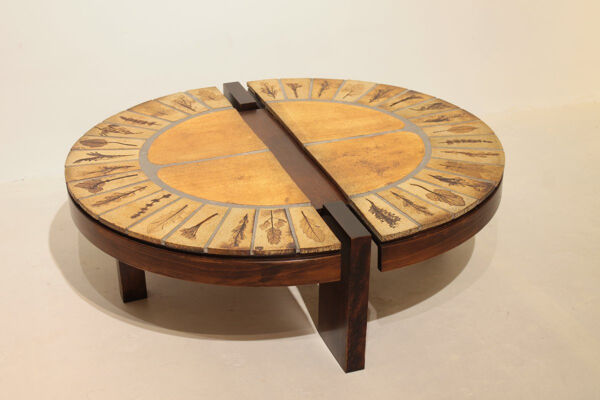 Table basse ronde herbier Roger Capron, Vallauris - céramique et structure en bois