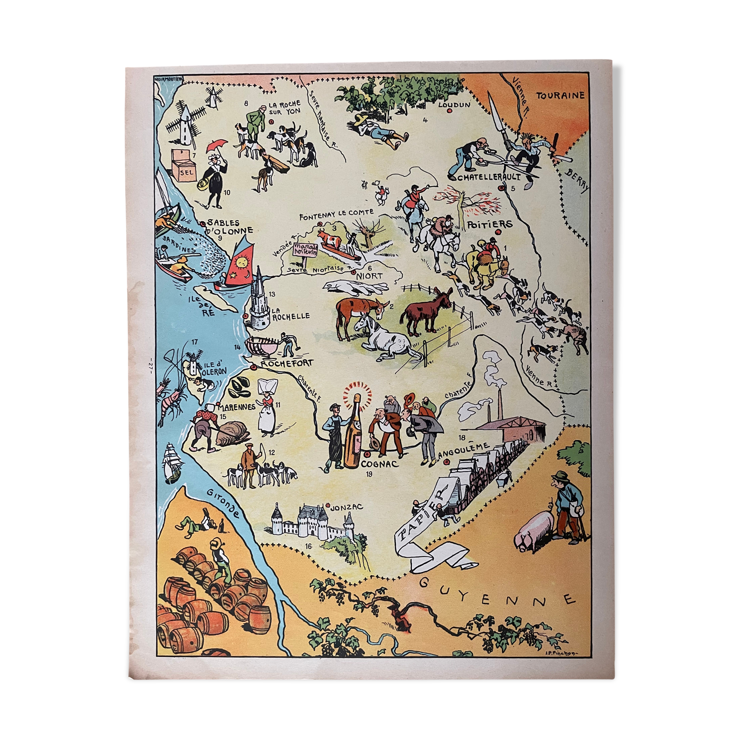 Old illustrated map of the vendée poitou charentes regions - jp pinchon