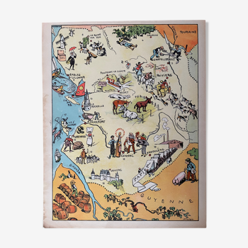 Affiche ancienne carte illustrée des régions vendée poitou charentes - jp pinchon