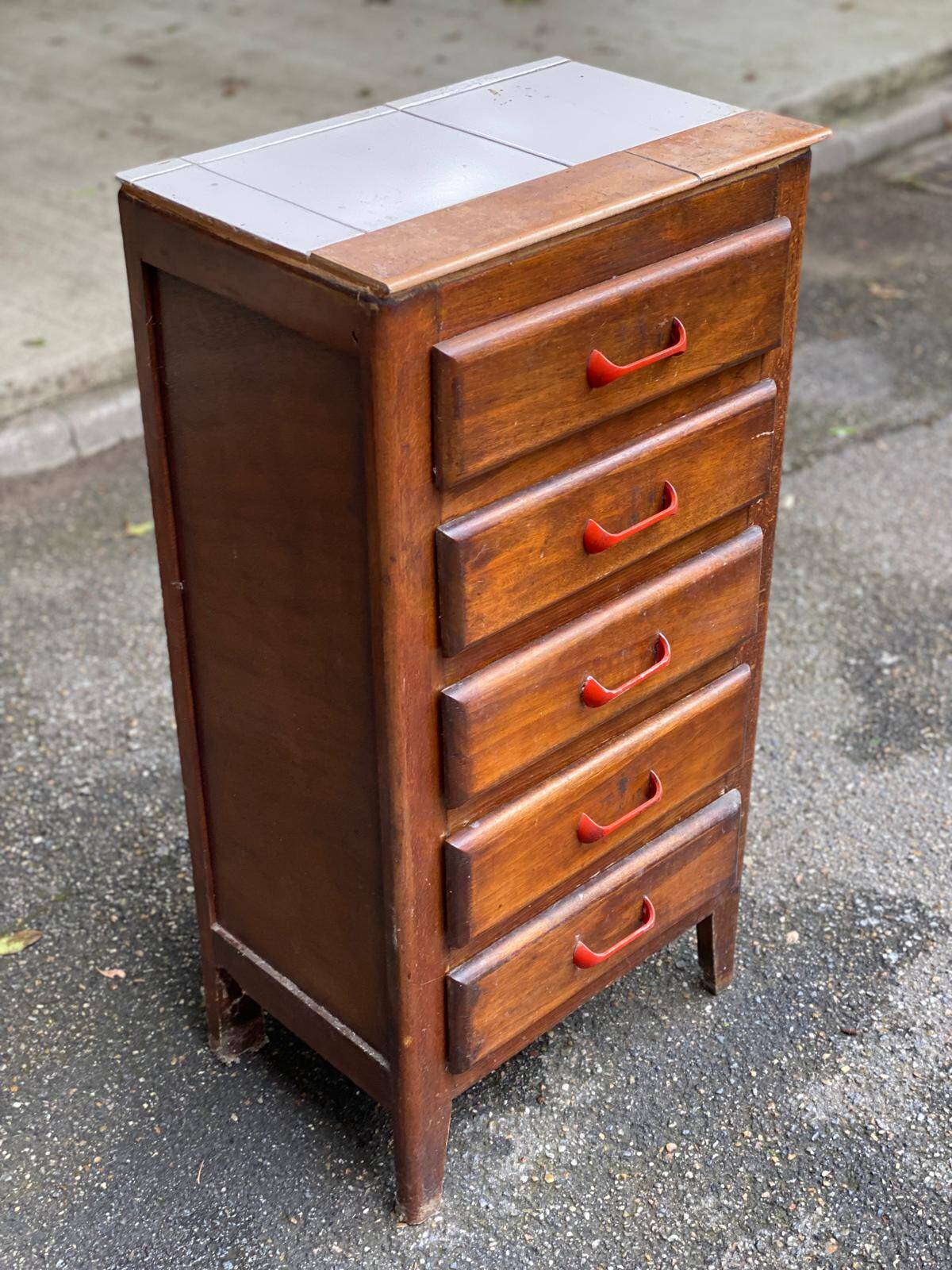Art Deco chest of drawers in solid wood and tiles with 5 drawers, 1960s