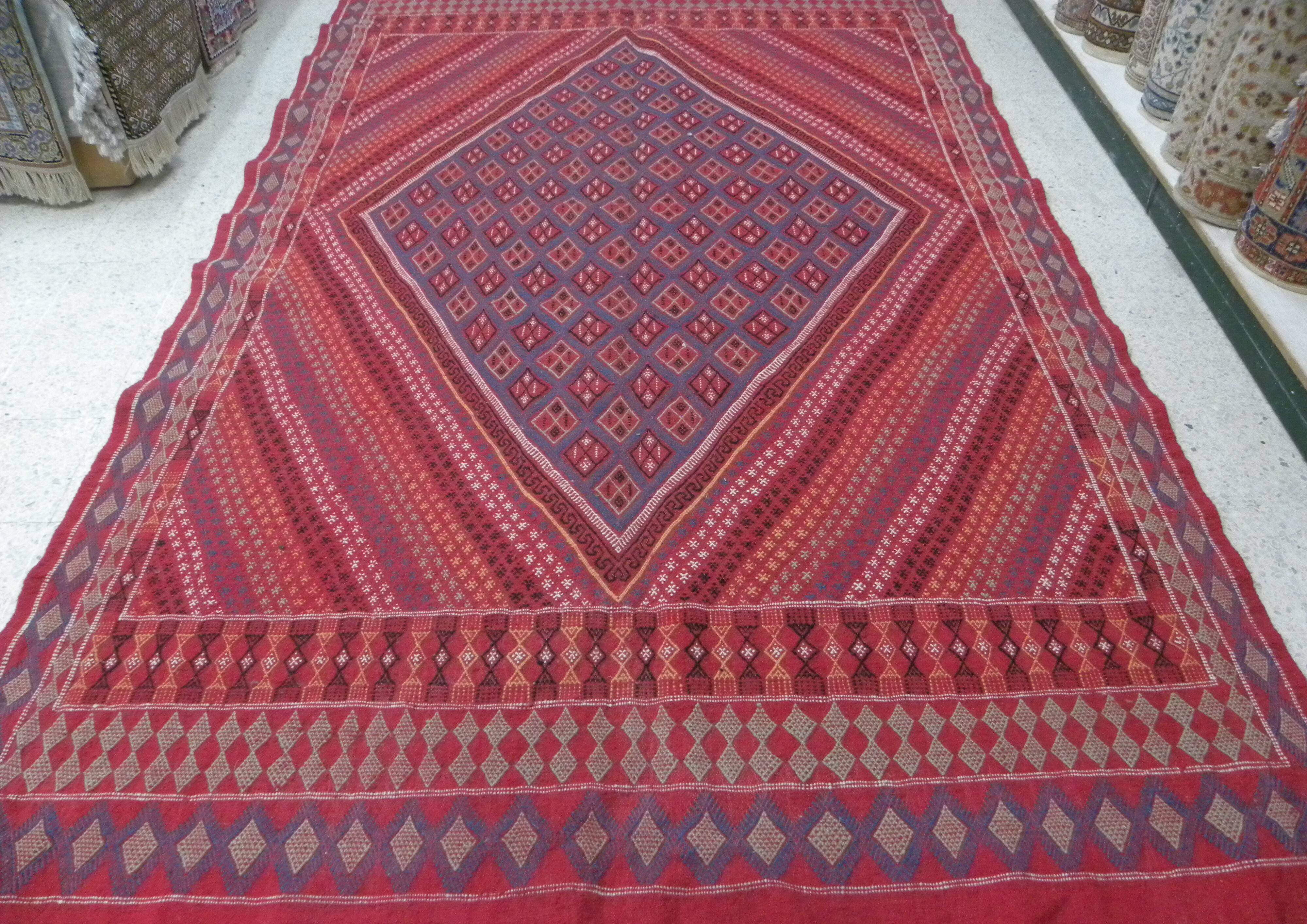 Vintage Tunisian Berber Nomadic Tribal Rug Old Red Diamond Pattern