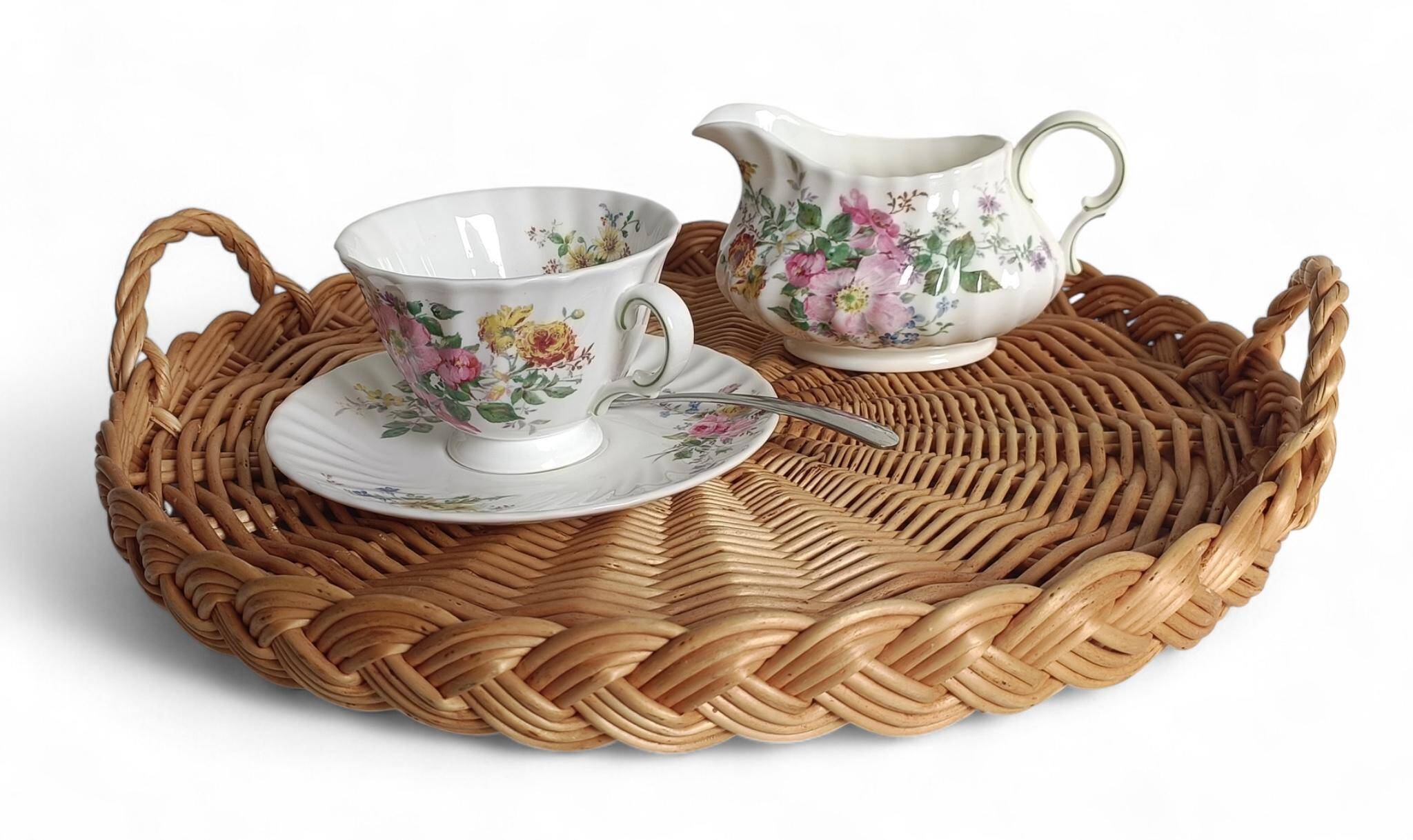 Rustic French Provence Large Round Handled Wicker Tray, France