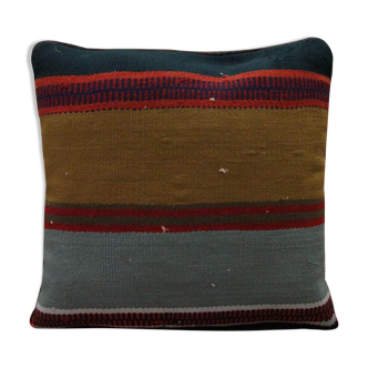 Housse coussin traditionnel kilim bleu tissé à la main 42x42cm