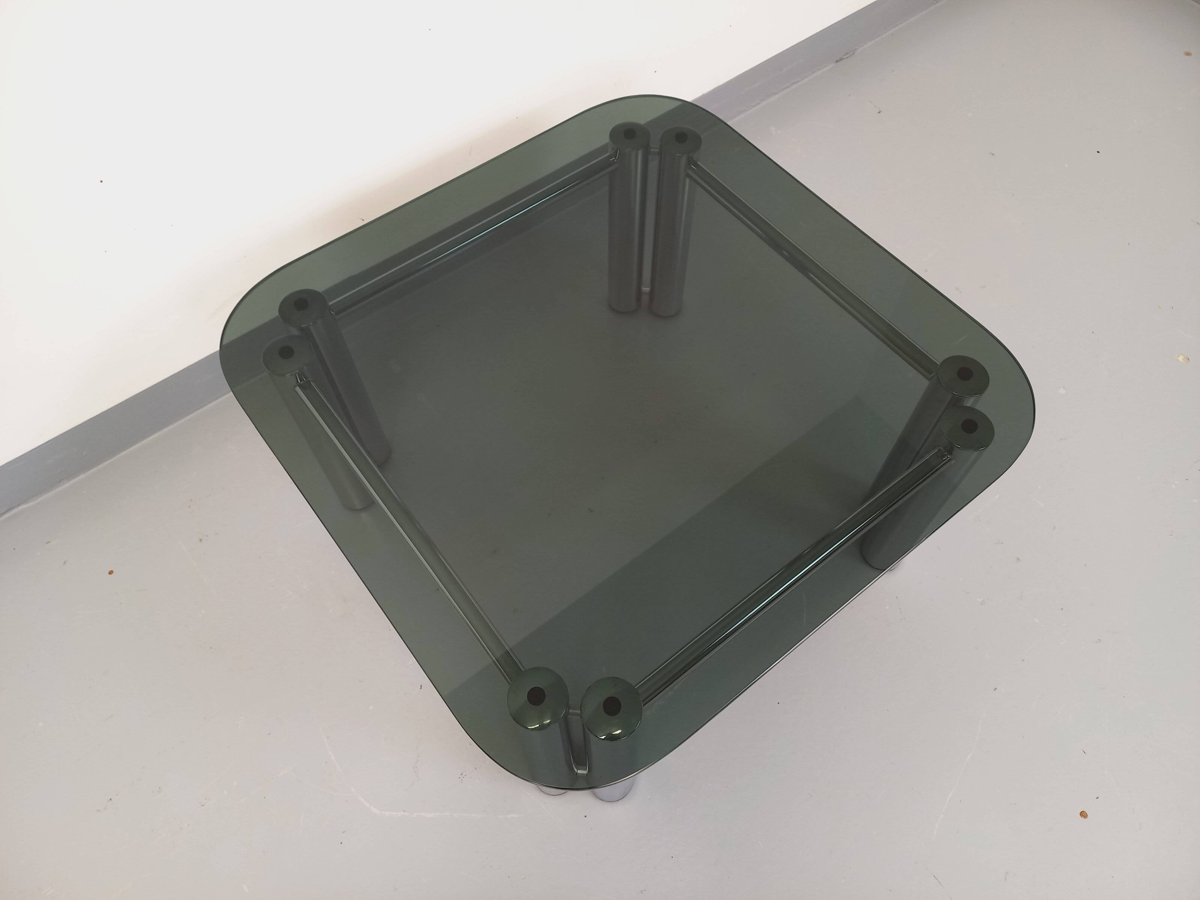 Vintage Italian Space Age square coffee table in smoked glass and chrome metal