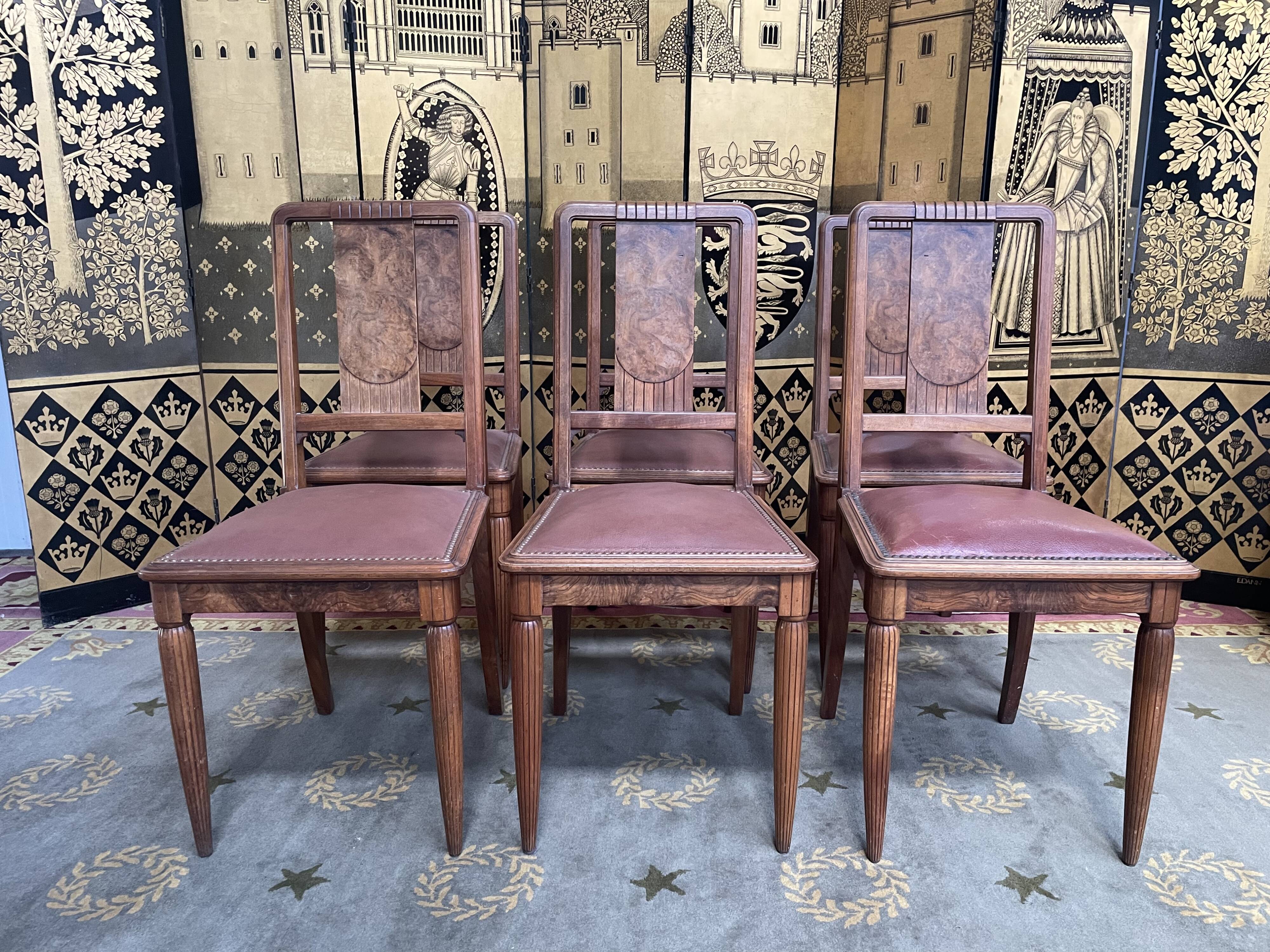 6 Art Deco period chairs in mahogany and leather
