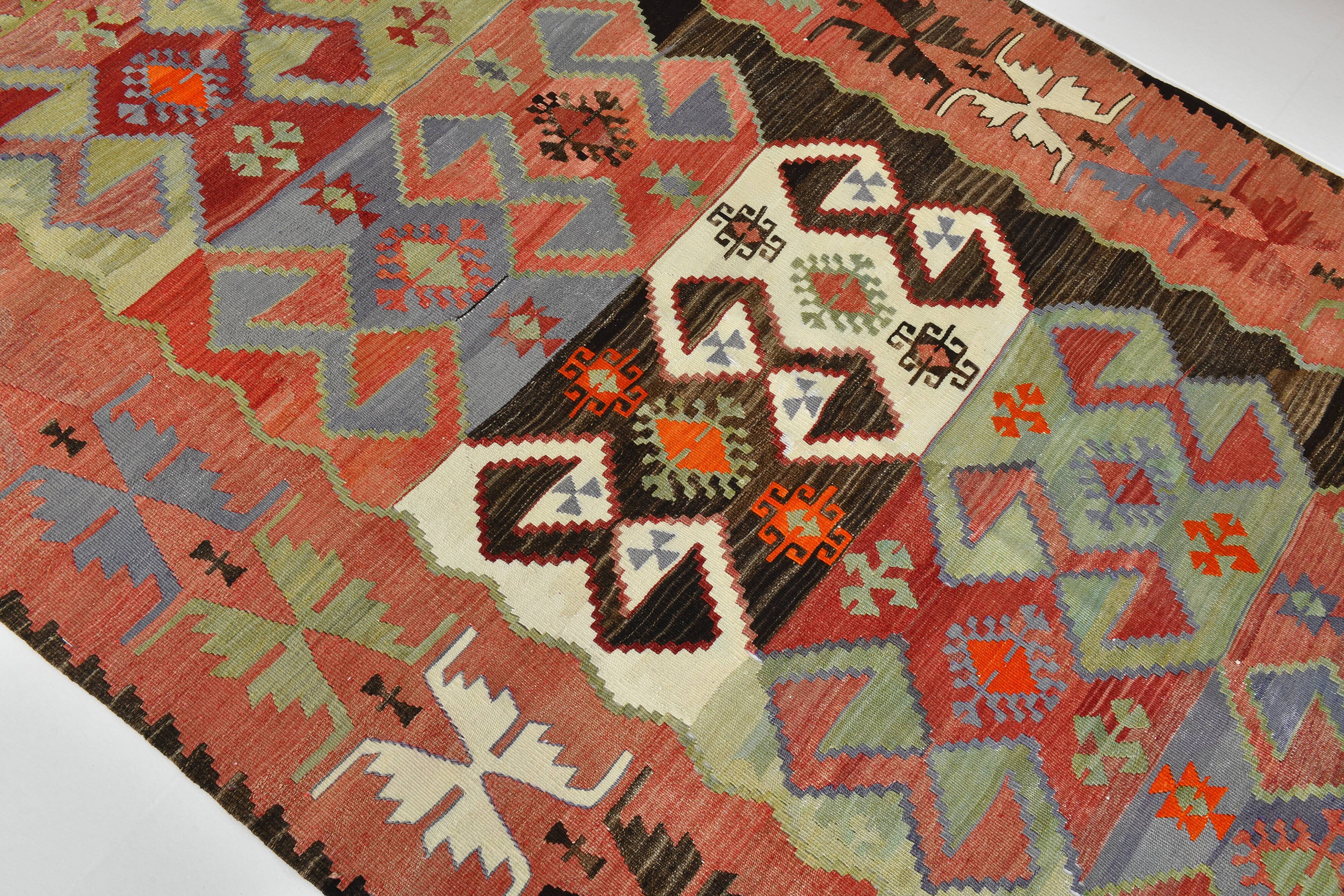 4x6 Red & Green Geometric Persian Kilim Rug, 132x194Cm