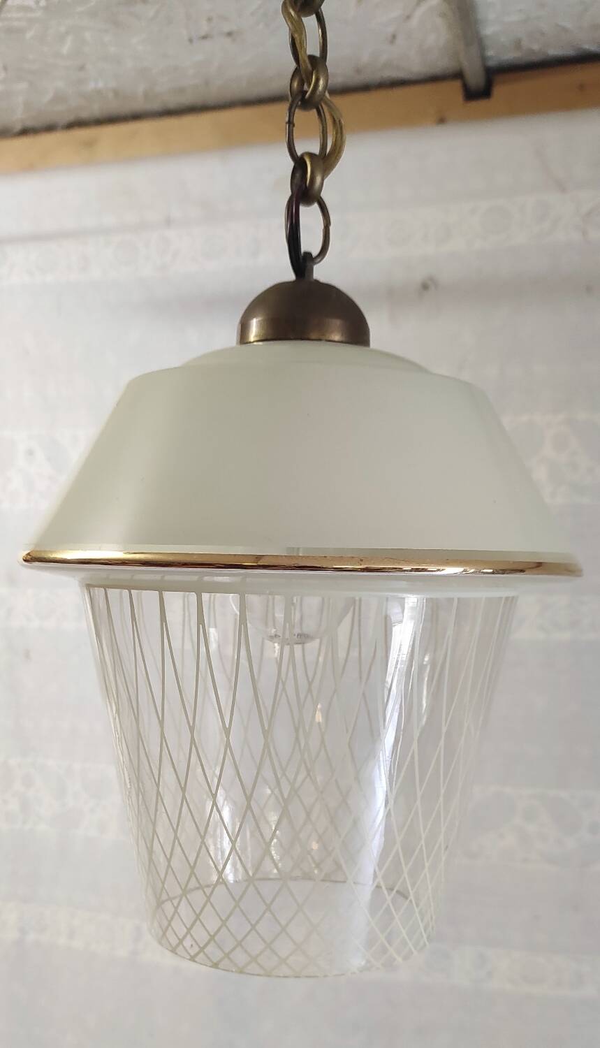 Vintage pendant light in glass and gold metal - 1960s