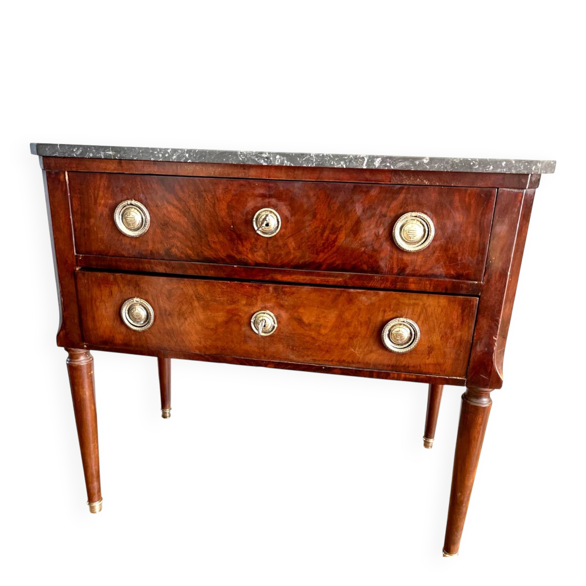 Commode en plaquage de bois de style Louis XVI et plateau en marbre
