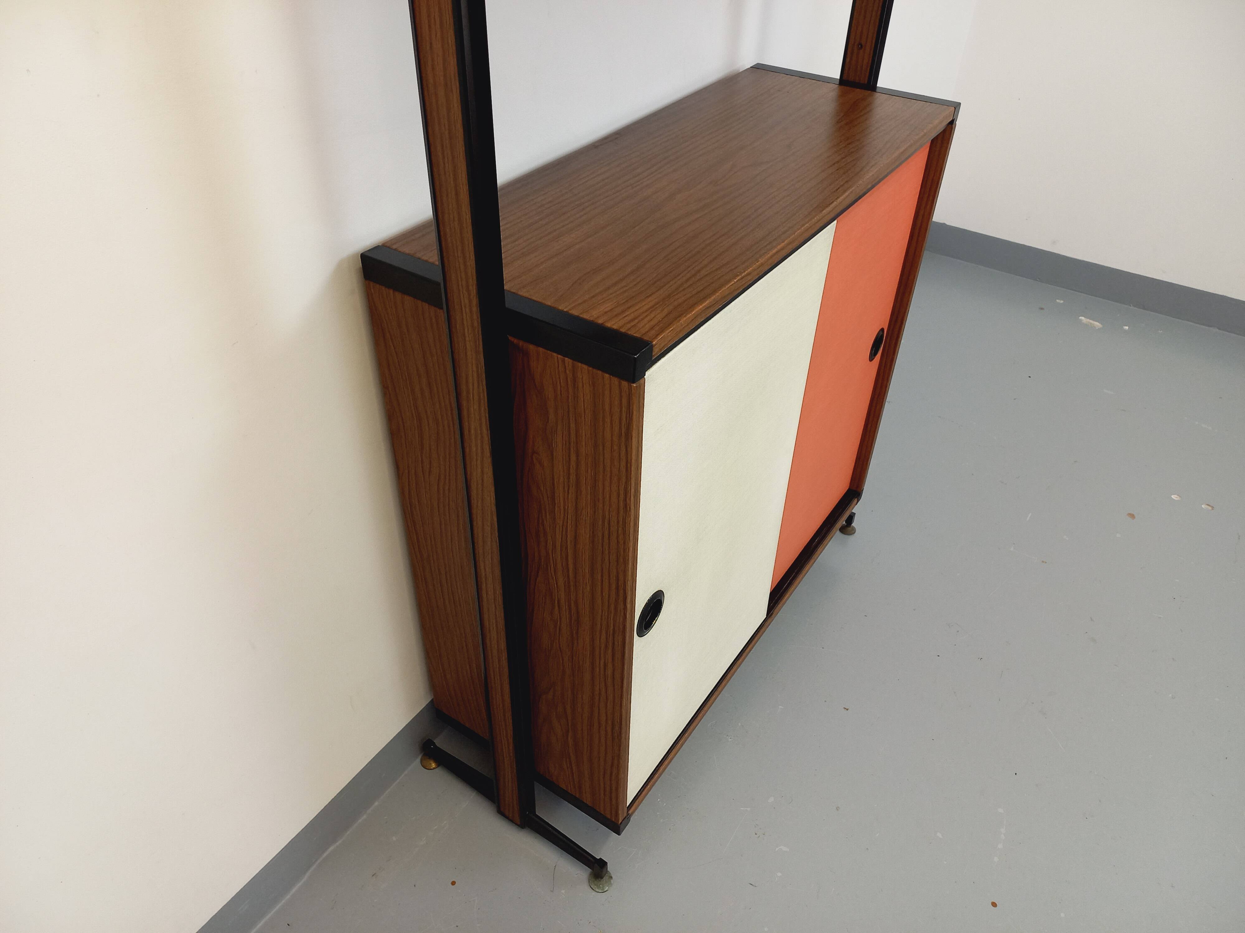 Vintage Italian modular shelving unit in melamine with wood decor