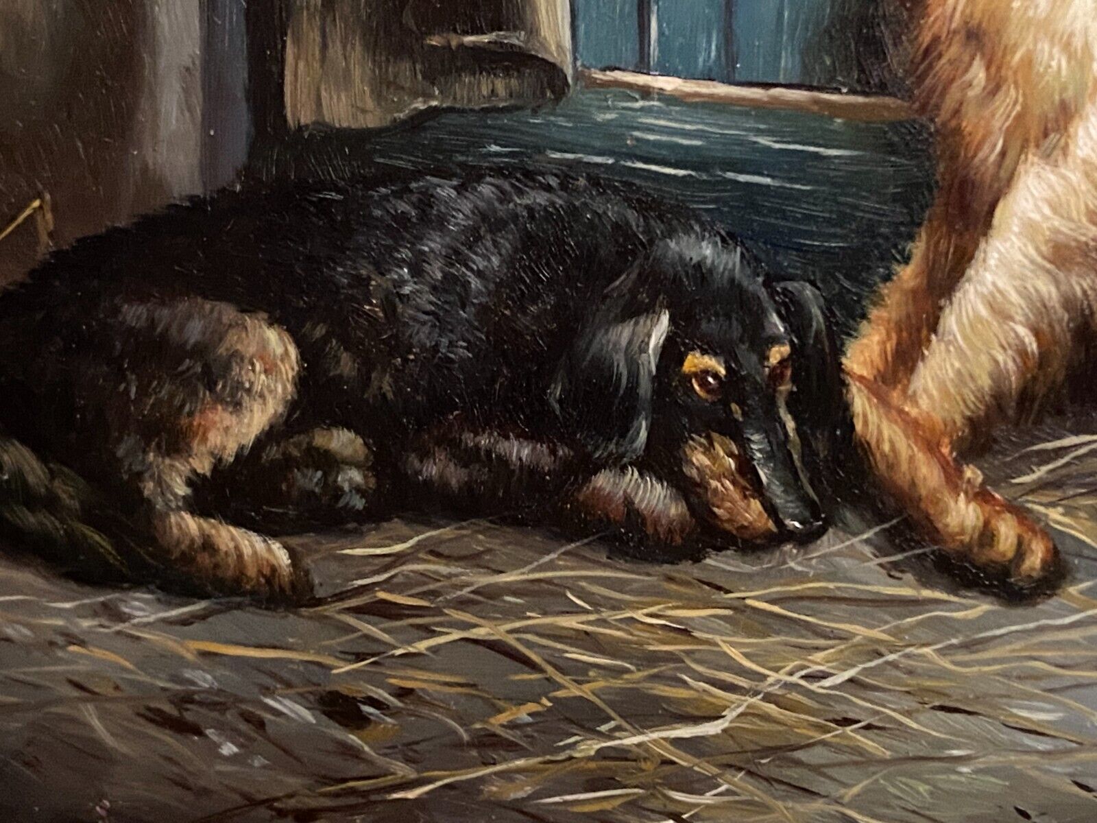 Painting signed Andorsch oil on panel with dogs and horse