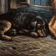 Painting signed Andorsch oil on panel with dogs and horse