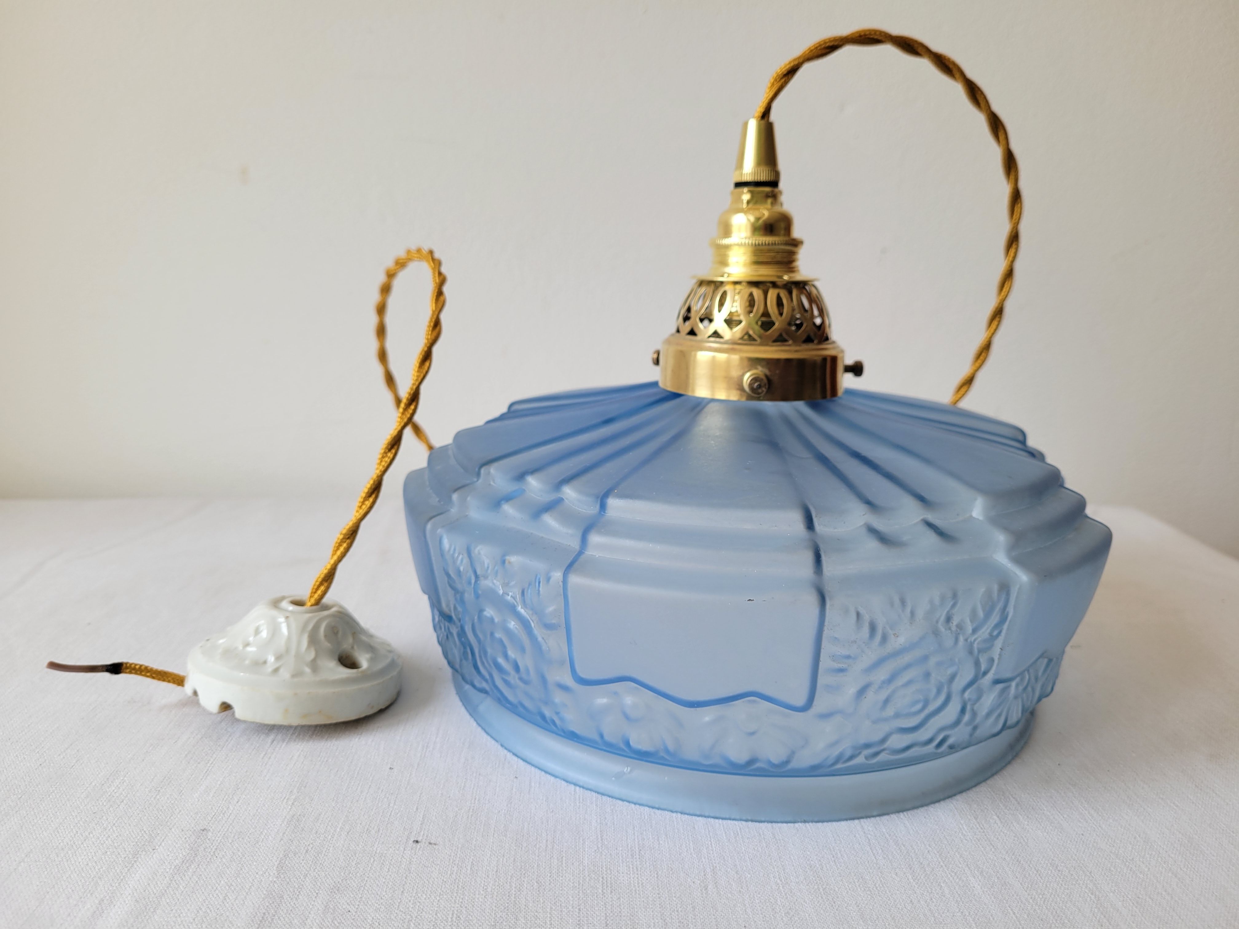 Art Deco pendant lamp in blue opaline