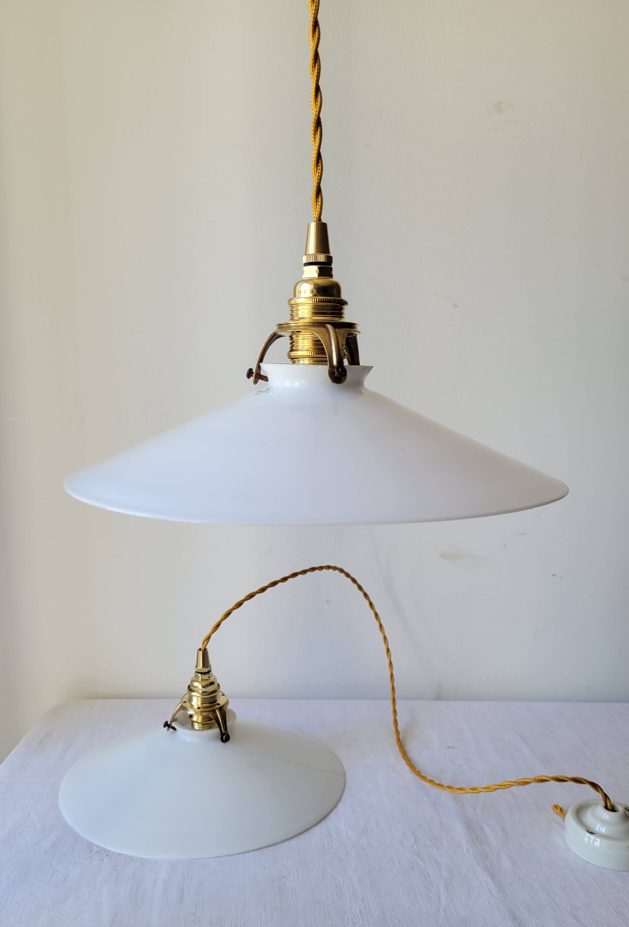 Duo of white opaline pendant lights