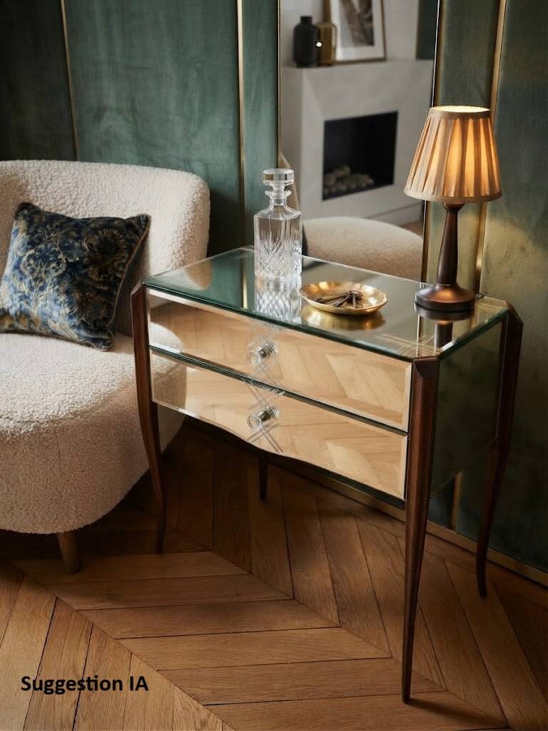 Small entrance chest of drawers or antique bedside table with engraved mirror.