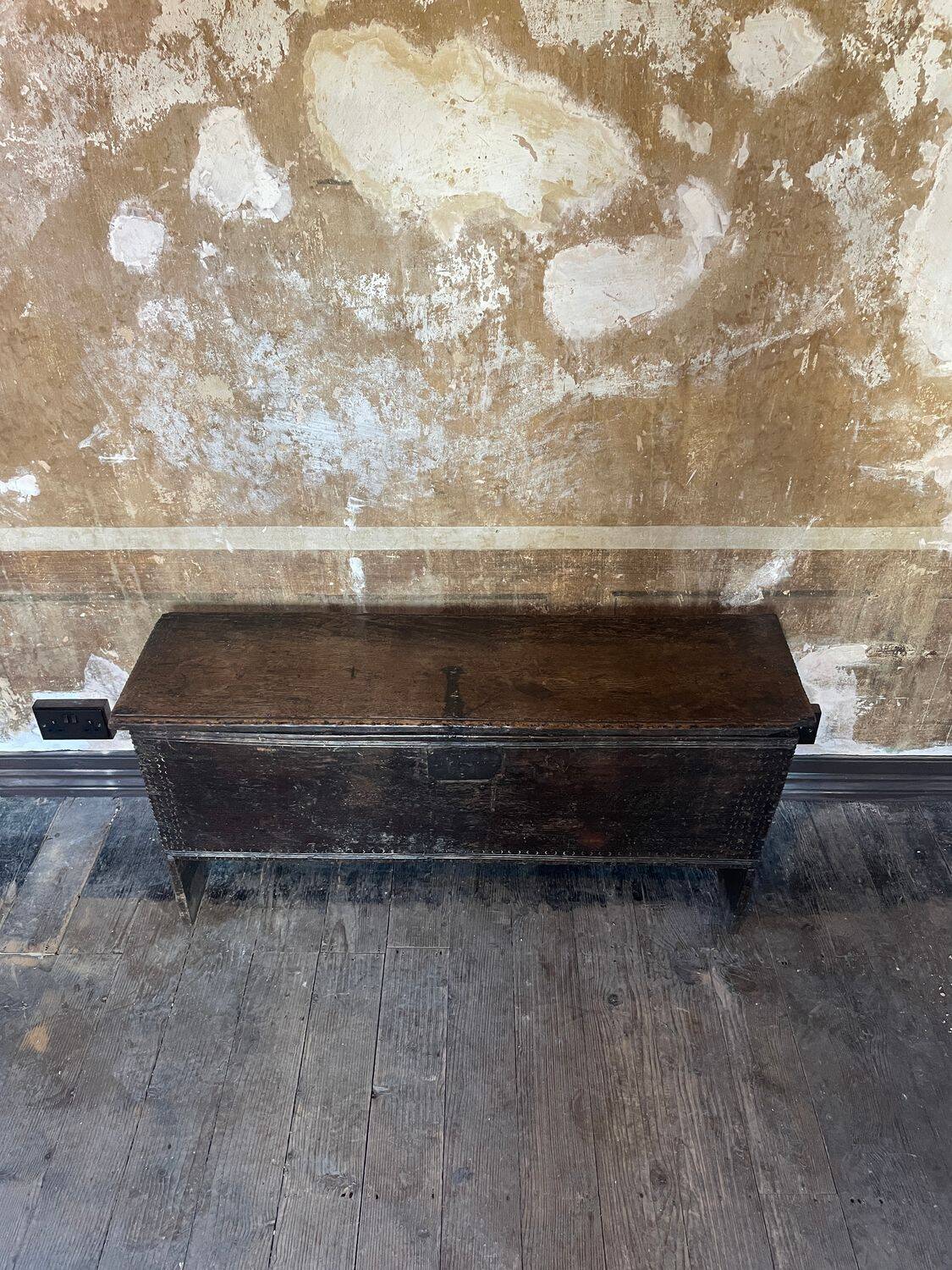 Large Heavy 18th Century Circa 1700 Primitive Carved Oak Sword Chest, Good