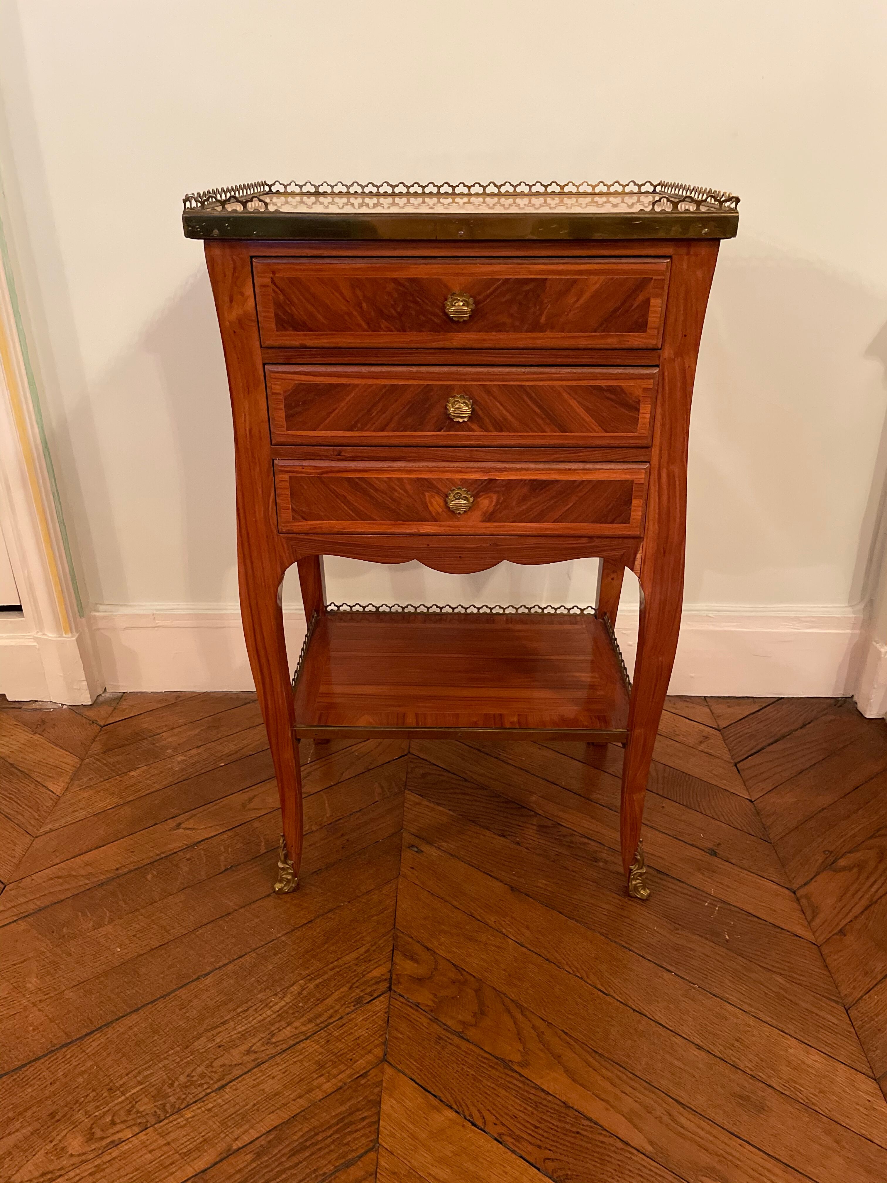 Bedside table of the 18th Louis XV period in marquetry and marble