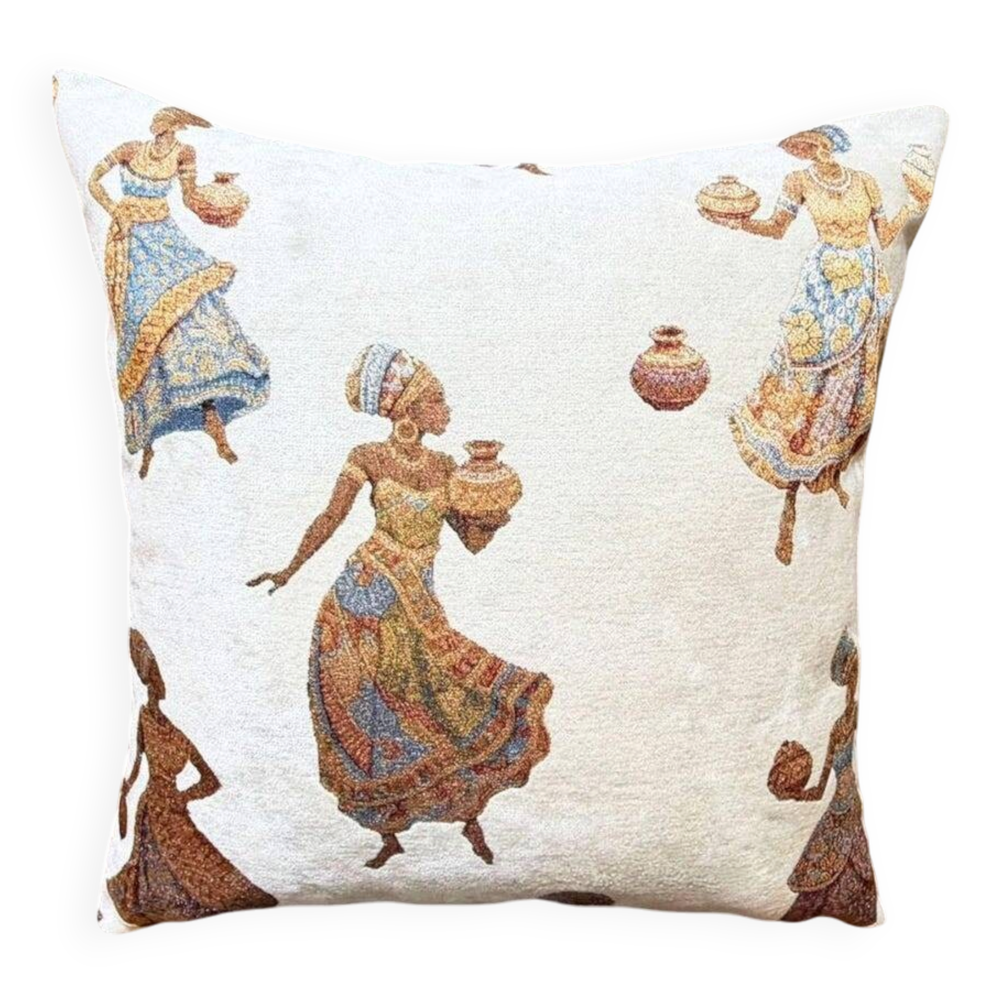 African Pottery Women Jacquard Cushion, Figural Woven Pillow Cover